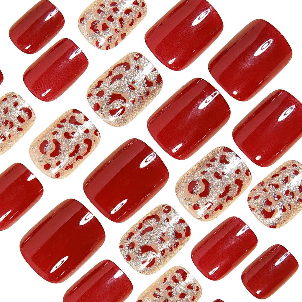 24pcs/set glitter leopard fake nails in wine red black brown nude glossy short square full cover nail tips press on false nail