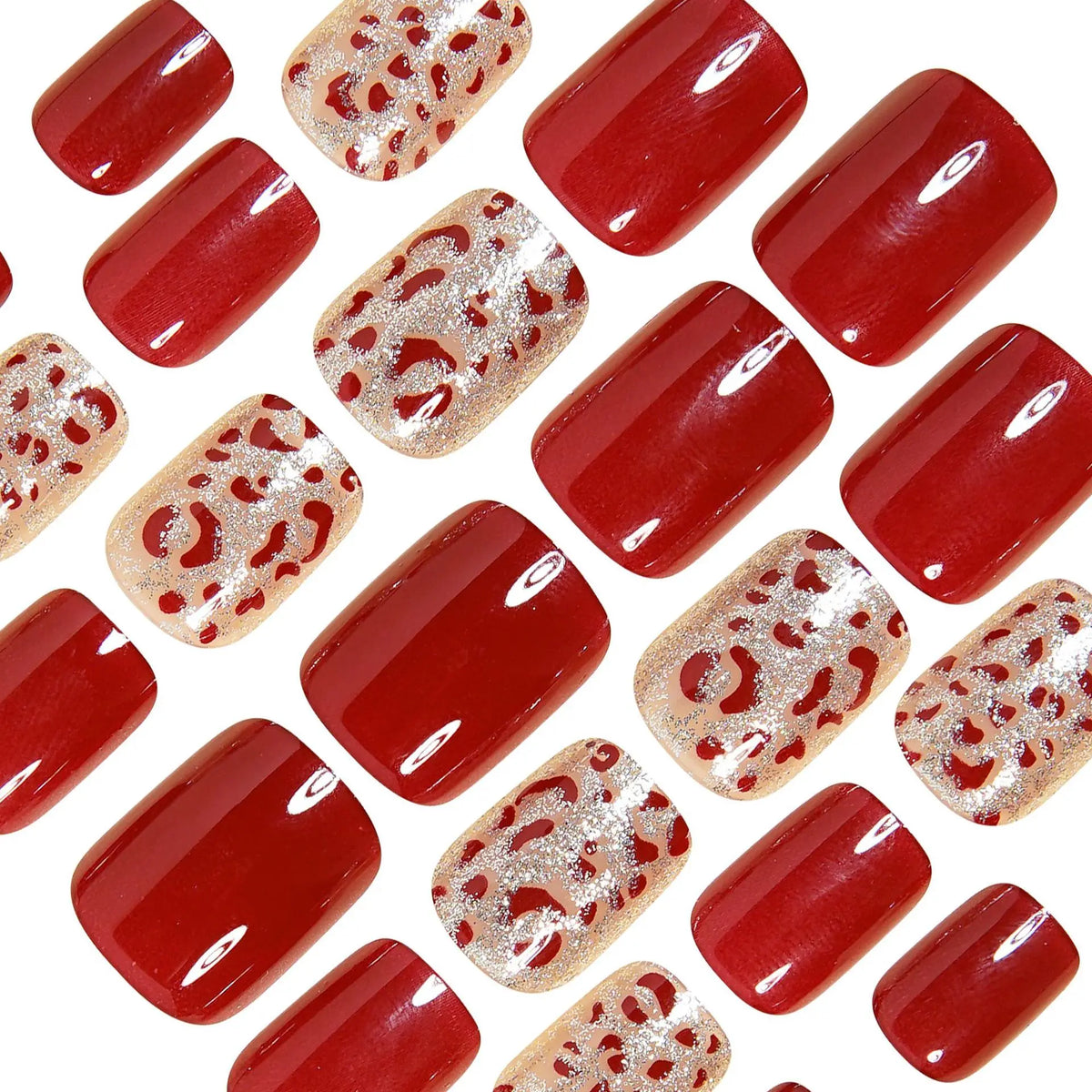 24pcs/set glitter leopard fake nails in wine red black brown nude glossy short square full cover nail tips press on false nail