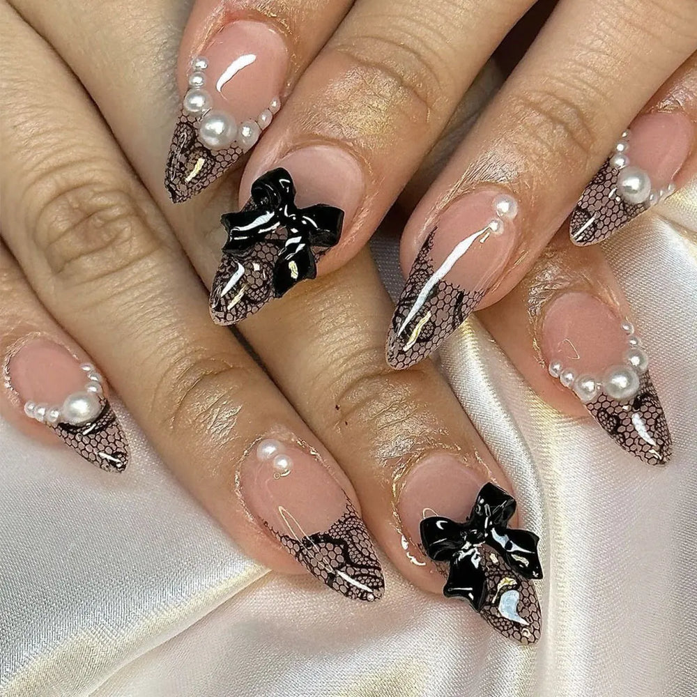 Light Coffee French Leopard & Bow Press-On Nails – Almond, 24 Pcs