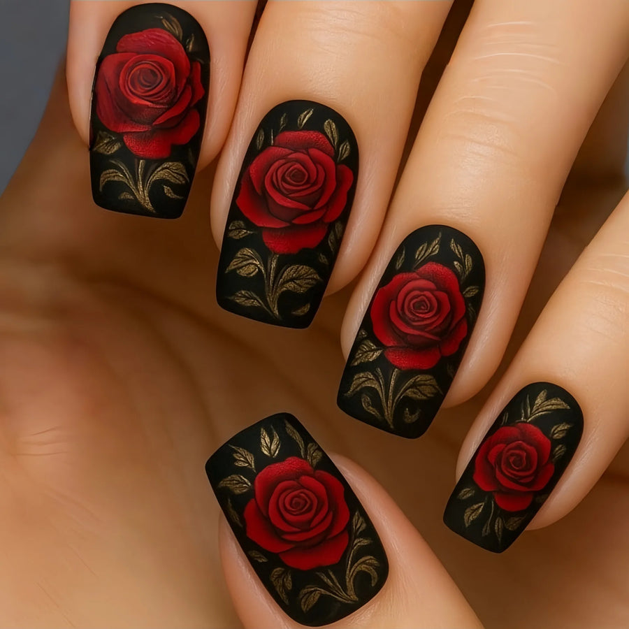 Red Rose Valentine's Press-On Nails – Black & White Square, Medium
