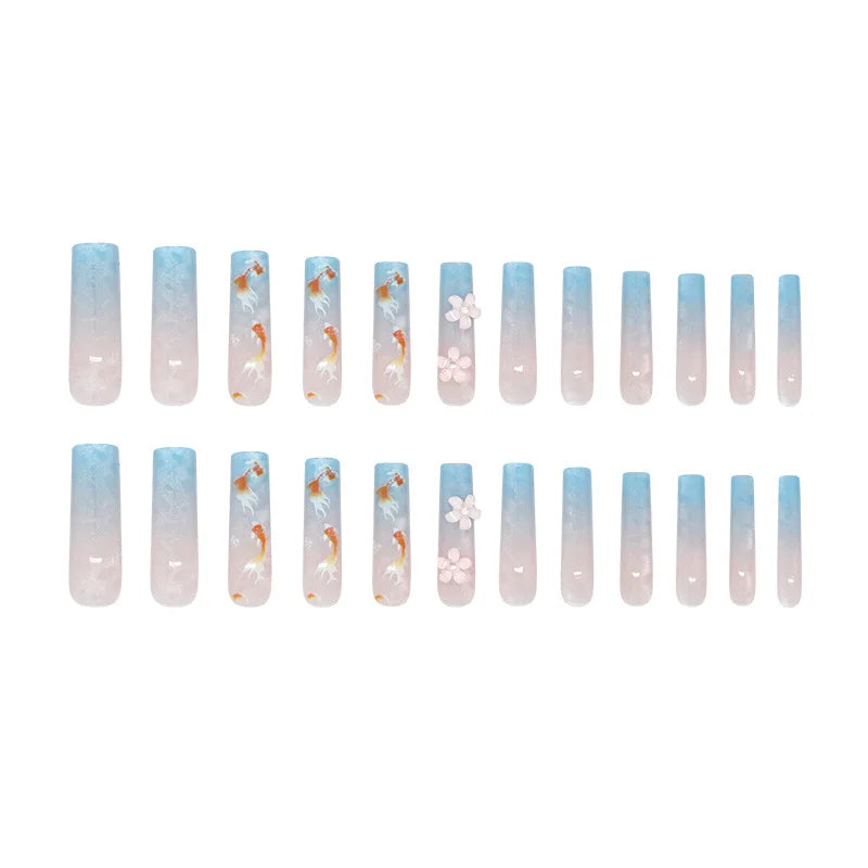 Medium long fake nails for women gilrs 3D flowers gradient blue square nail tips for Spring summer full cover press on fals nail