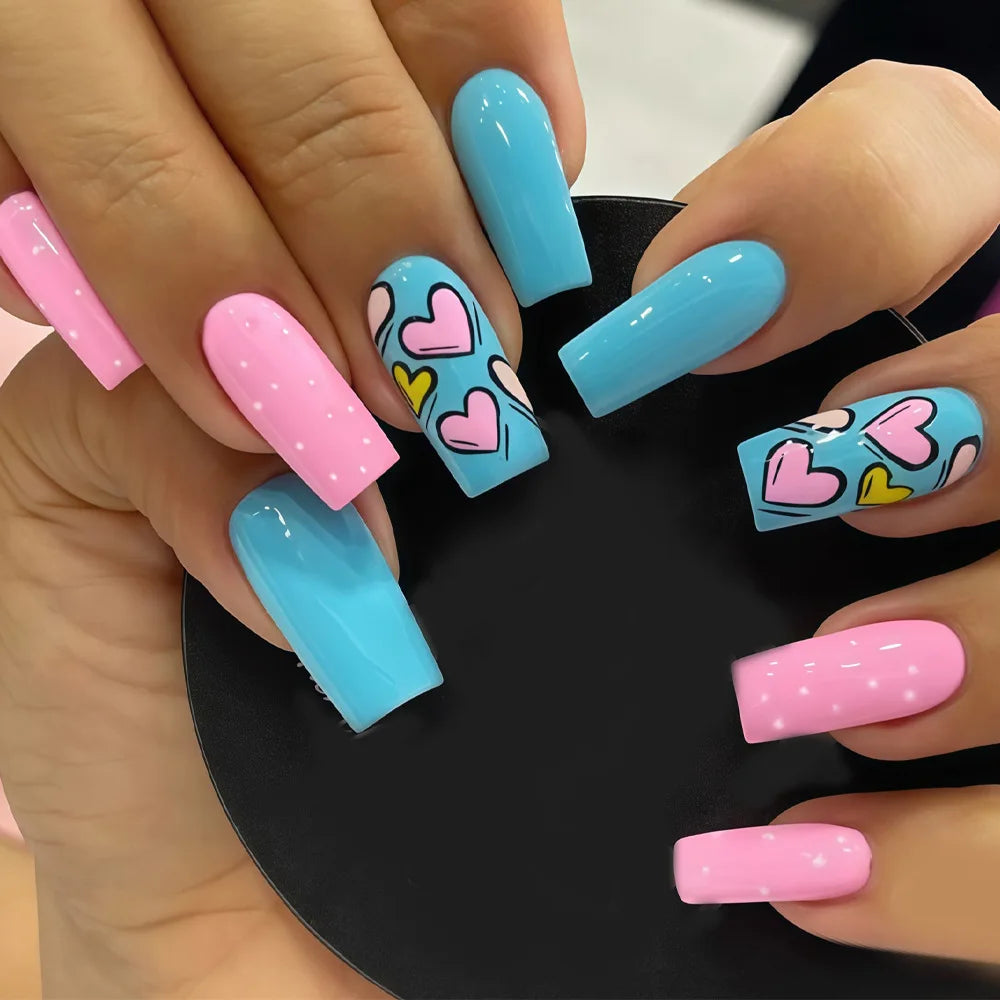 Medium fake nails for women girls y2K pink blue yellow beige cute heart Square nail tips for Valentine's Day press on false nail