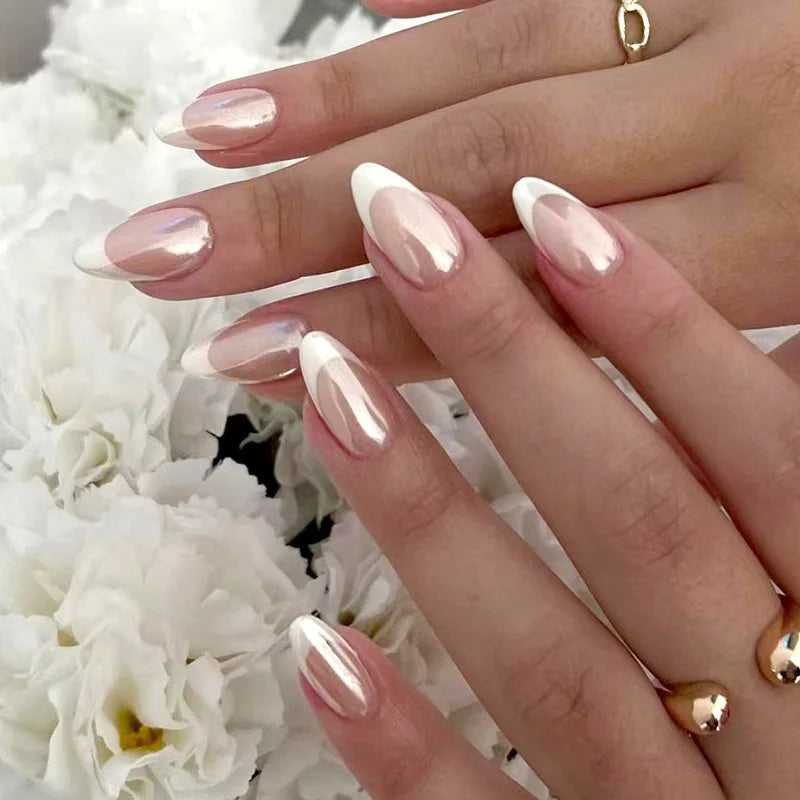Medium fake nails for women gilrs french Minimalist style pearl shimmer surface Almond nail tips press on false nail art set