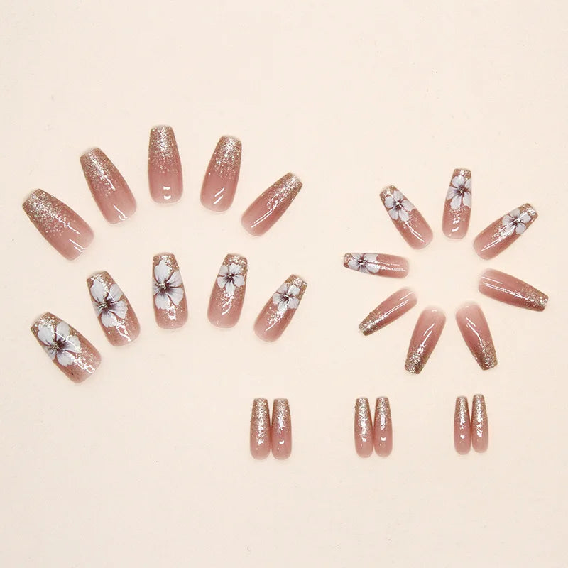 Medium Long Fake Nails for Women Girls Nude Pink Colors with Flowers Sparkling Glitters Square Ballet Tips Press On Nails Art