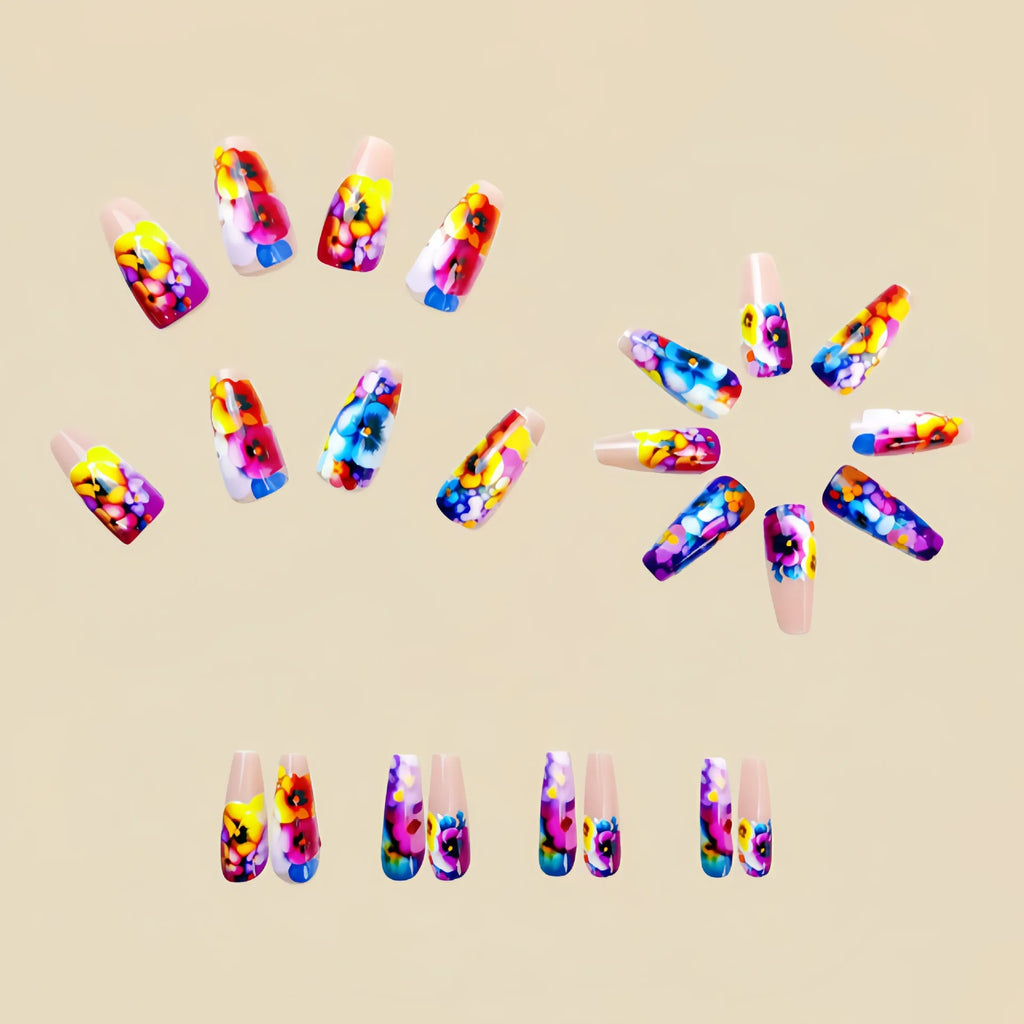 Medium fake nails for women Y2K purple yellow blue pink flowers print ballet shape nail tips full cover press on false nail set
