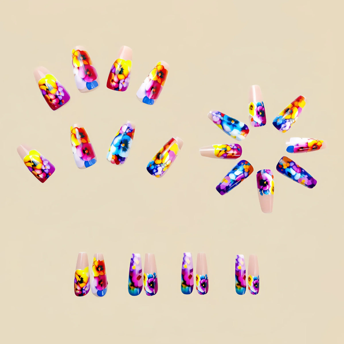 Medium fake nails for women Y2K purple yellow blue pink flowers print ballet shape nail tips full cover press on false nail set