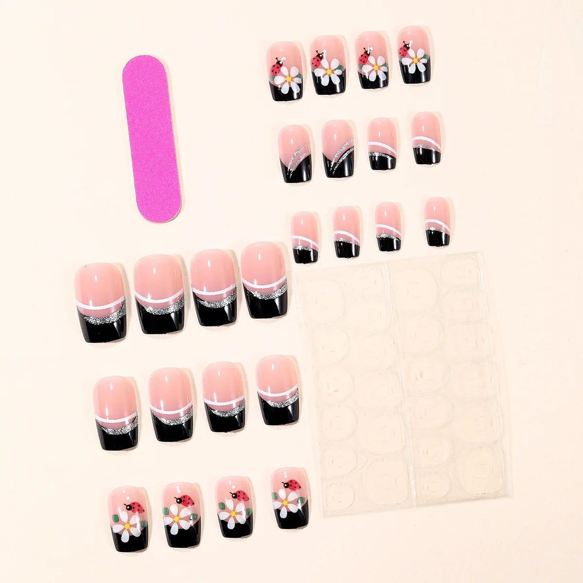 Medium fake nails for women girls French strips black white pink Square tips with flowers for Spring summer press on false nail