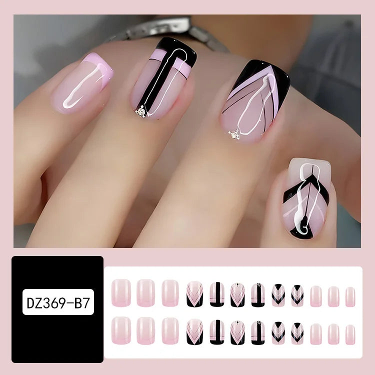 Short Medium fake nails for women gilrs Square almond nail art tips black pink white pattern with rhinestones press on nail art
