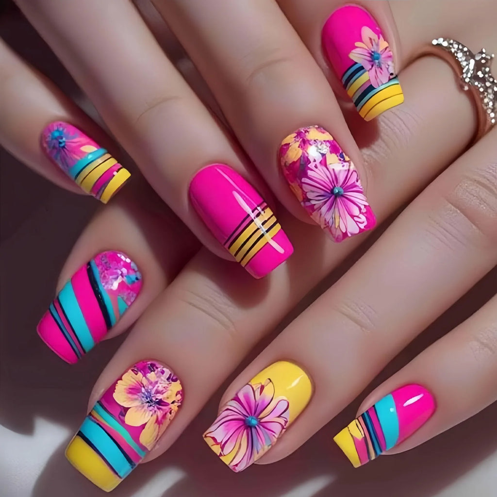 Medium long fake nails Spring summer flowers leaf tree gradient pink orange blue Y2K french nail tips press on false nail art