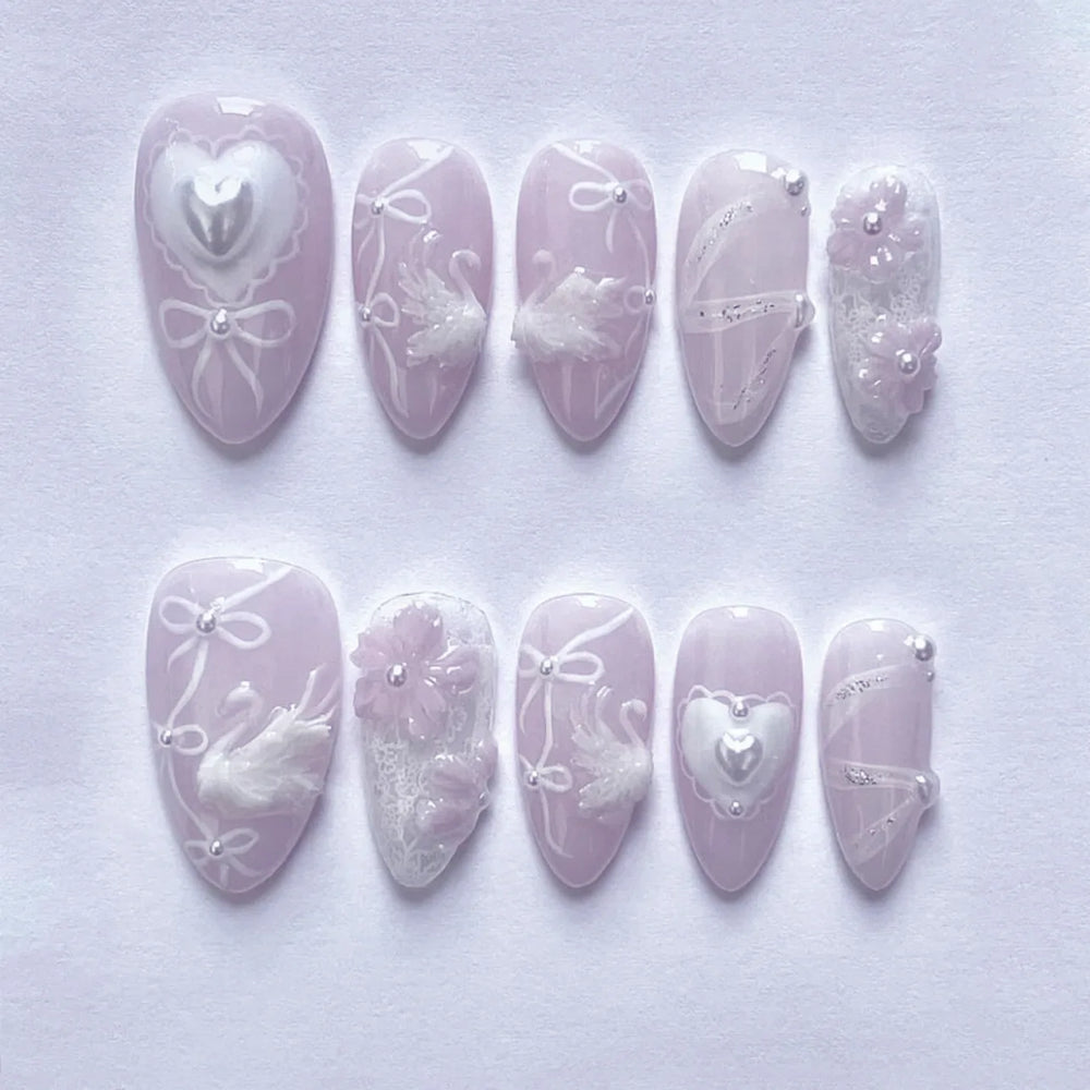 3D Green Ripple Cat-Eye French Almond Press-On Nails – Leaf Pattern, 24 Pcs