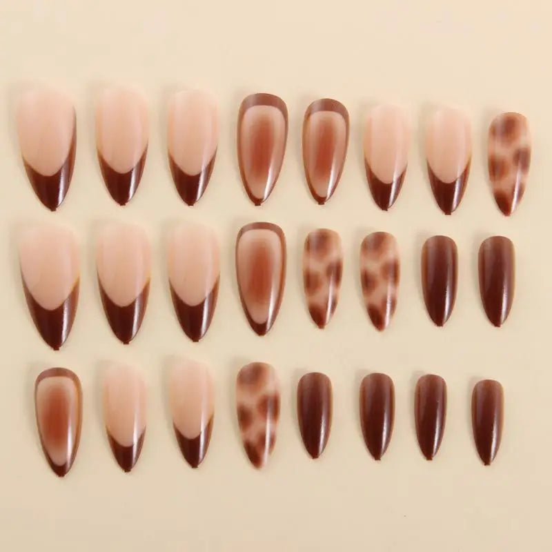 Nude brown fake nails for women gilrs leopard print glossy french Medium almond nail tips full cover press on acrylic false nail