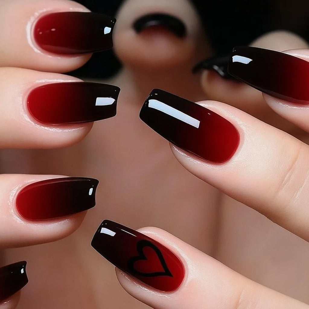 Gradient red black false nails cute heart print ballet shape for Valentine's Day full cover reusable press on Artificial Nails