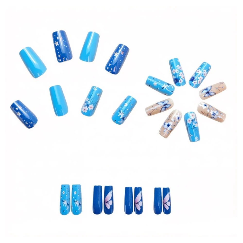 Medium fake nails for women Nude blue colors with flowers butterfly printing Square nail tips full cover press on false nail art