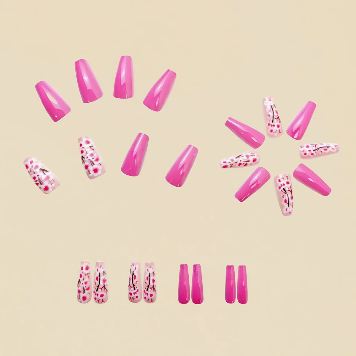 Medium fake nails for women girls pink red yellow blue flowers for Spring summer ballet shape full cover press on nails set