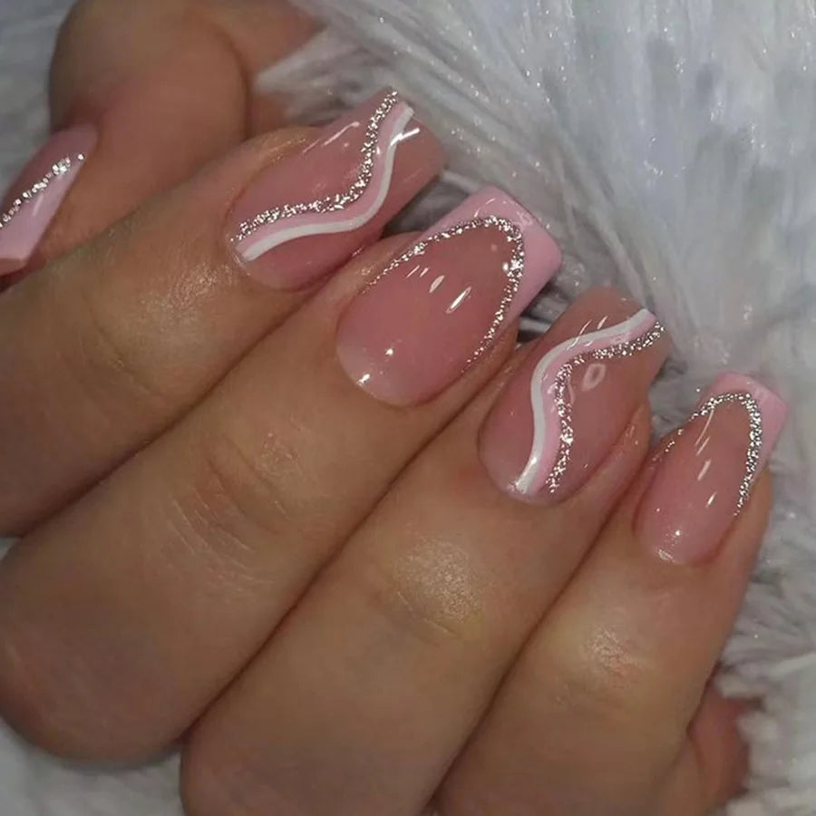 Fashion Minimalist French Fake Nails Medium Square Wearable Tips in Red Black Pink Silver with Sparkle Glitter Press On Nails