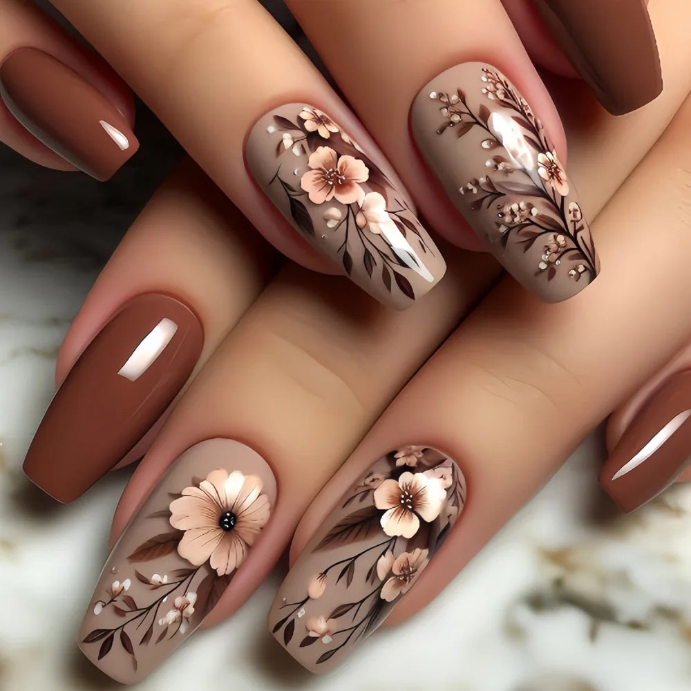 Medium long fake nails for women girls full cover Brown Square ballet nail tips with flowers design press on false nail art set