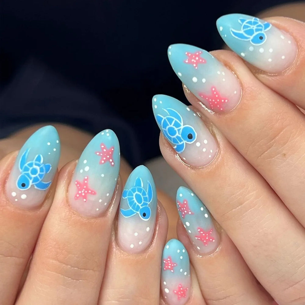 Ocean Jellyfish & Turtle Cute Animal Press-On Nails – Medium Long, 24 Pcs