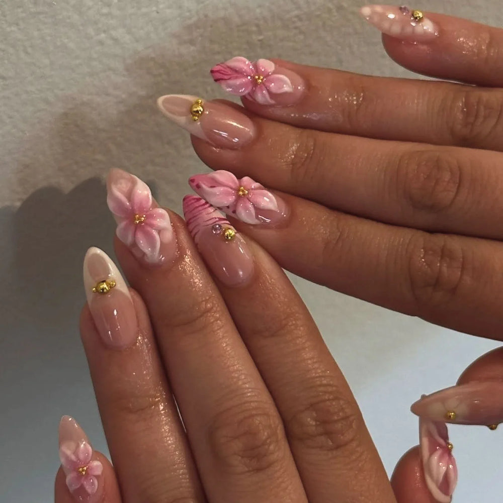3D Embossed Flower & Fruit Metallic Rhinestone Press-On Nails – Gradient, Medium
