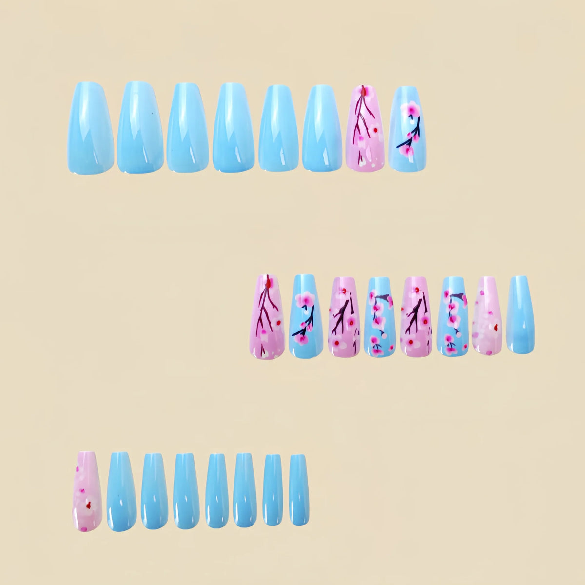 Medium long fake nails for women Blue Pink colors with flowers print glossy ballet nail tips full cover press on false nail set