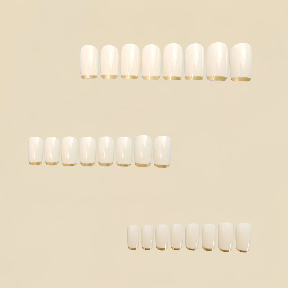 Beige Creamy White French Press-On Nails with Gold Edge Stripe – Medium Square