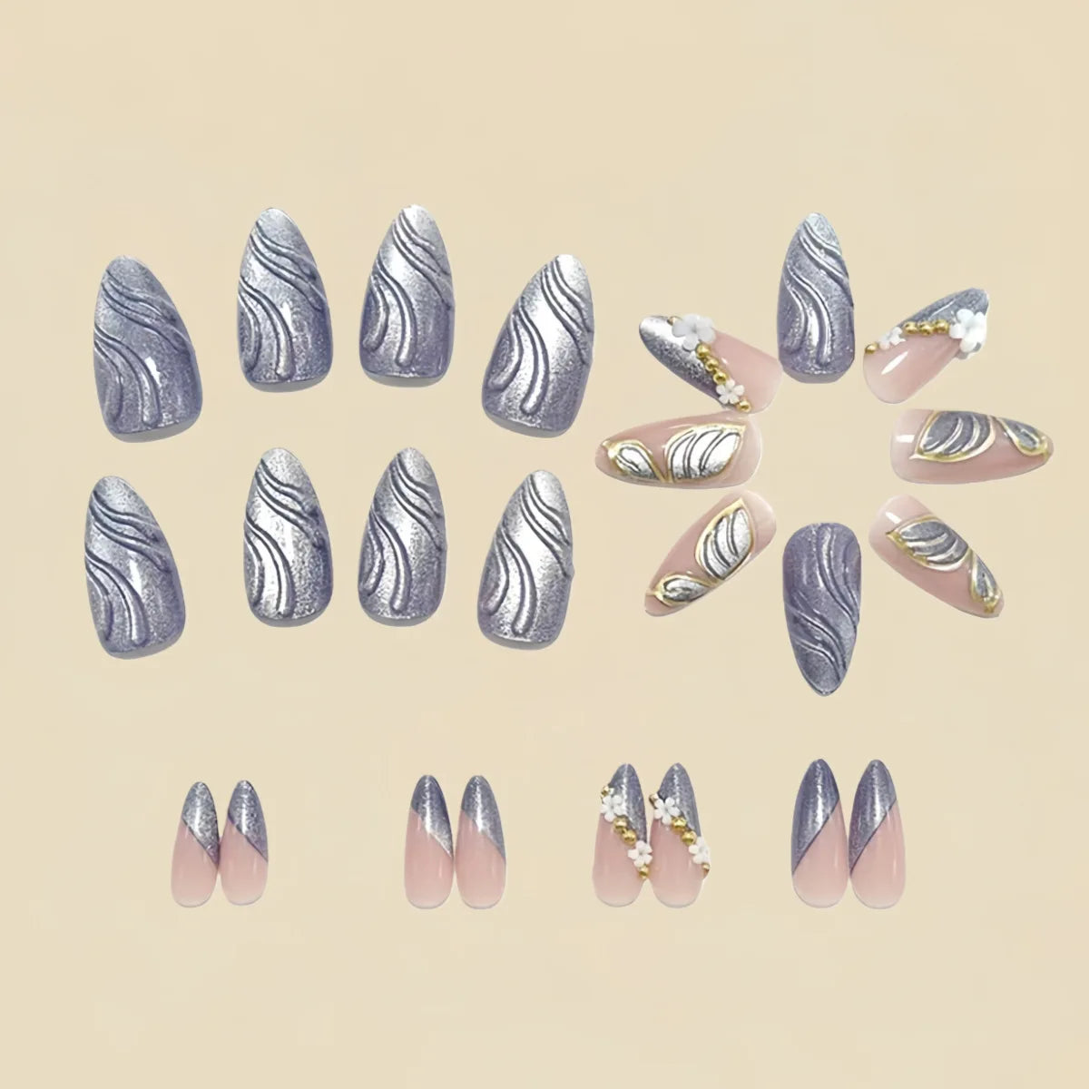 3D fake nails for women girls gradient grey nude brown shimmer almond nail tips flowers rhinestones design press on false nail