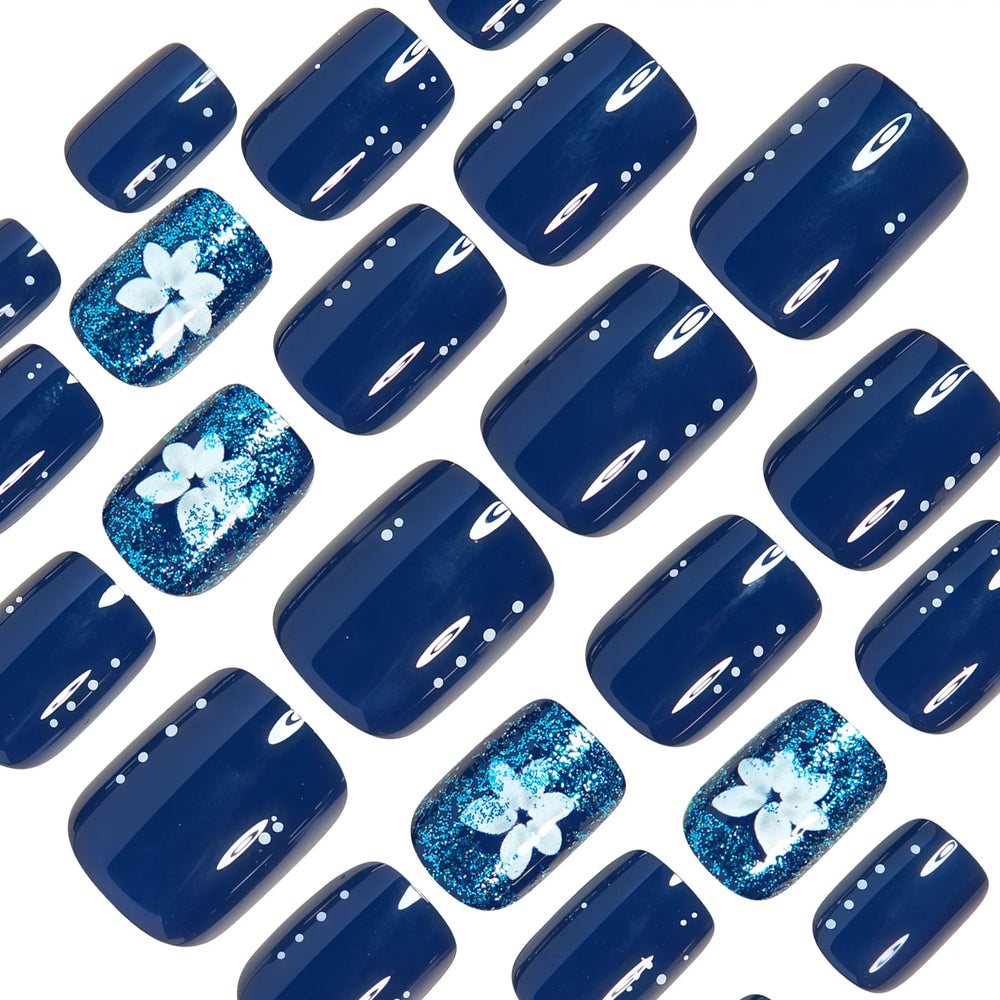 Deep Blue Gradient Flower Press-On Nails – Short/Medium Square, 24 Pcs