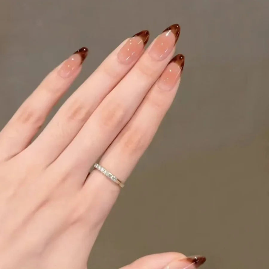 Nude brown fake nails for women gilrs leopard print glossy french Medium almond nail tips full cover press on acrylic false nail
