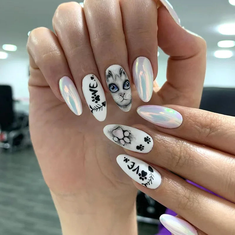 24pcs/set Medium fake nails for women girls bat skull flowers pumpkin for Halloween Almond square tips press on false nail art