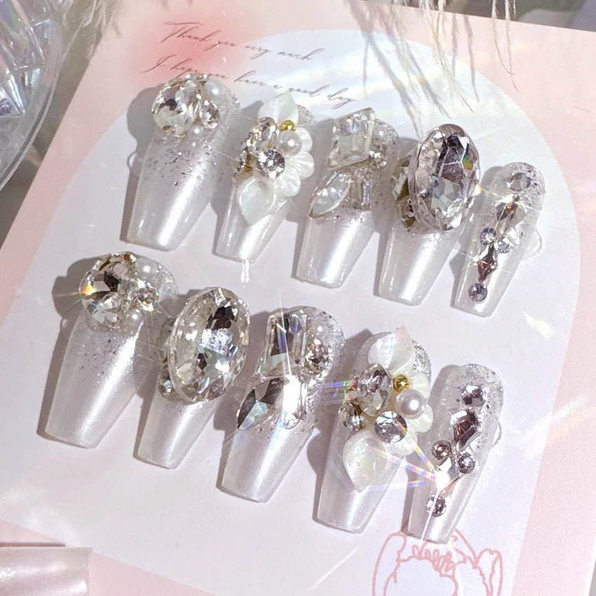 Glitter Rhinestone Pearl Bow Press-On Nails – Long Square, 24 Pcs