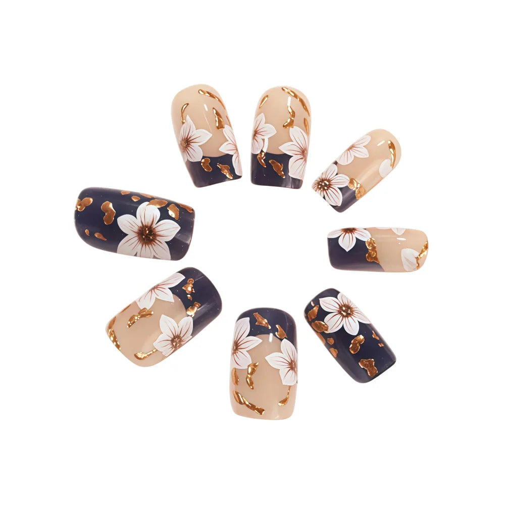 3D golden plated fake nails Medium square shape Spring summer flowers pink white blue black red full cover tips press on nail