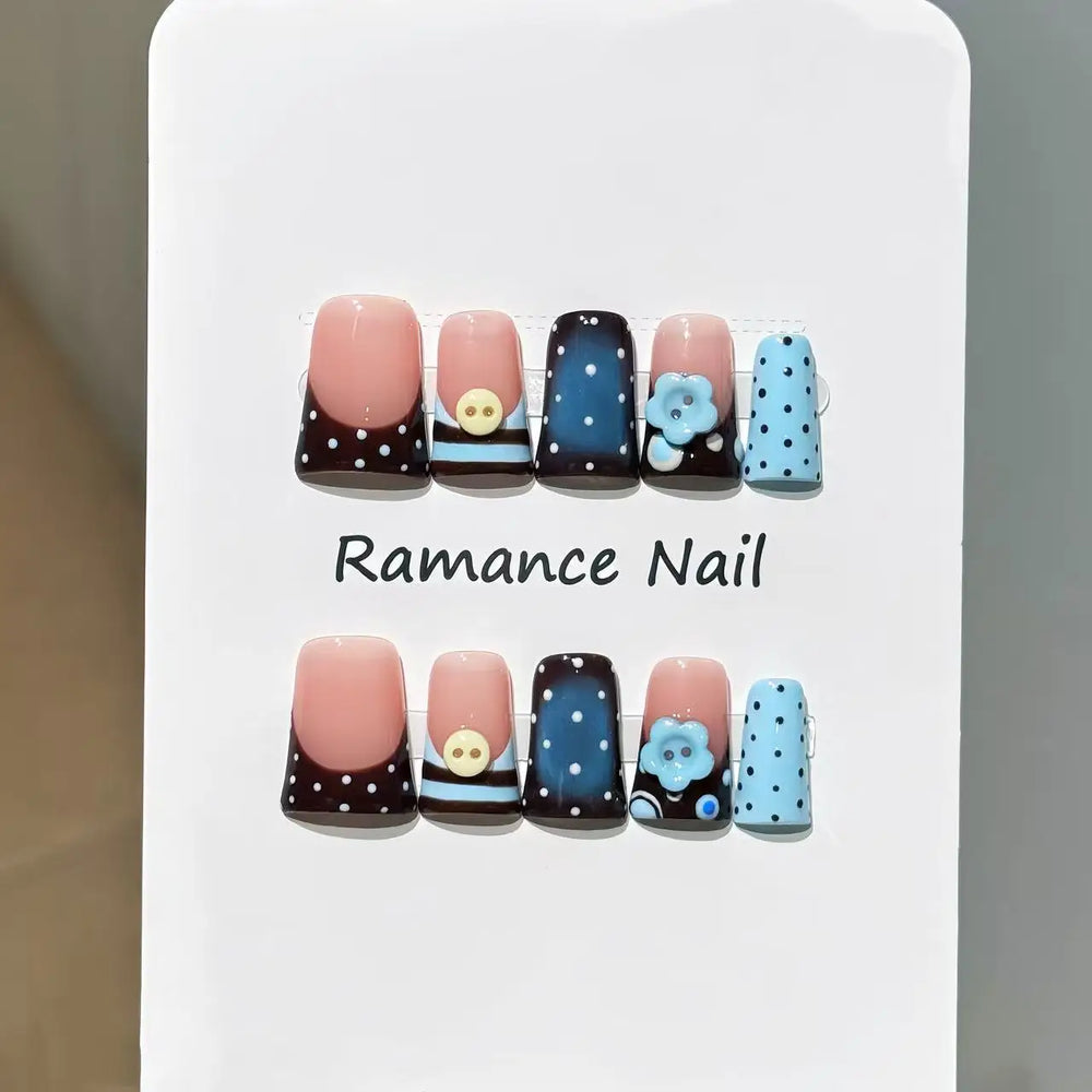 Blue Stripe Polka Dot 3D Flower Handmade Press-On Nails – Duckbill, 10 Pcs