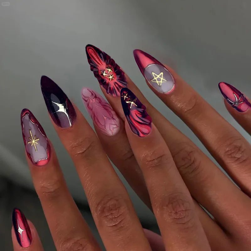 24pcs/set 3D fake nails for women girls embossed flowers pearl rhinestones design Medium almond tips press on false nail art