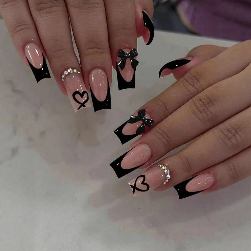 Black Cross Strap French 3D Bow Press-On Nails – Long Ballet, 24 Pcs
