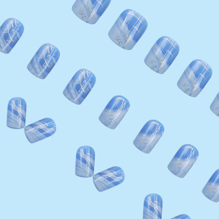 Short fake nails for women girls Gradient blue purple with silver stirps glossy square nail tips fill cover press on false nail