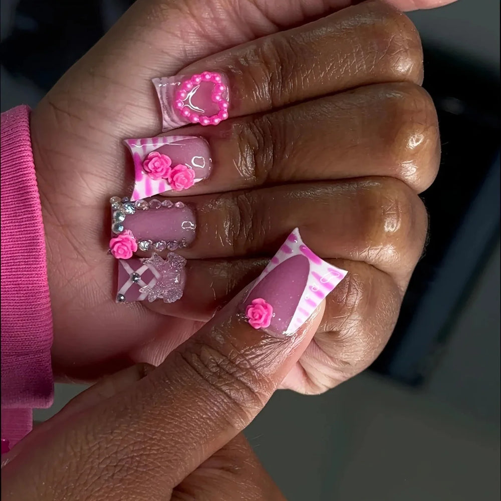 Pink Zebra Rhinestone Star French Press-On Nails – Long Square, 24 Pcs