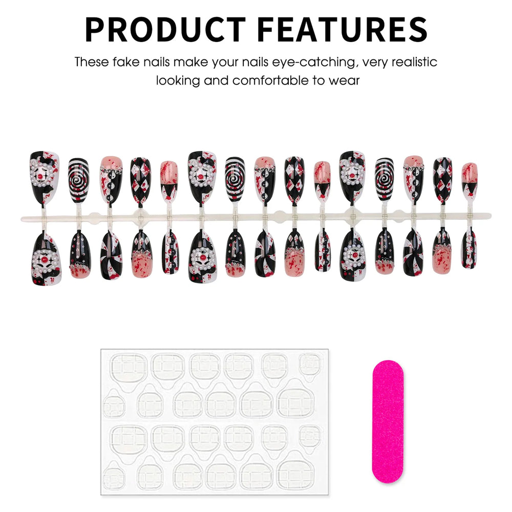 Dark Clown Spiral Halloween Press-On Nails – Almond, 30 Pcs