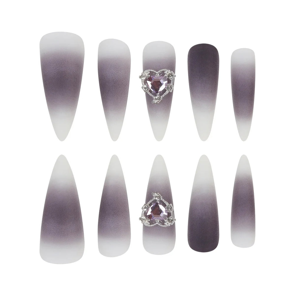 Black Ombre Gothic Metal Heart Press-On Nails – Long Stiletto, 24 Pcs