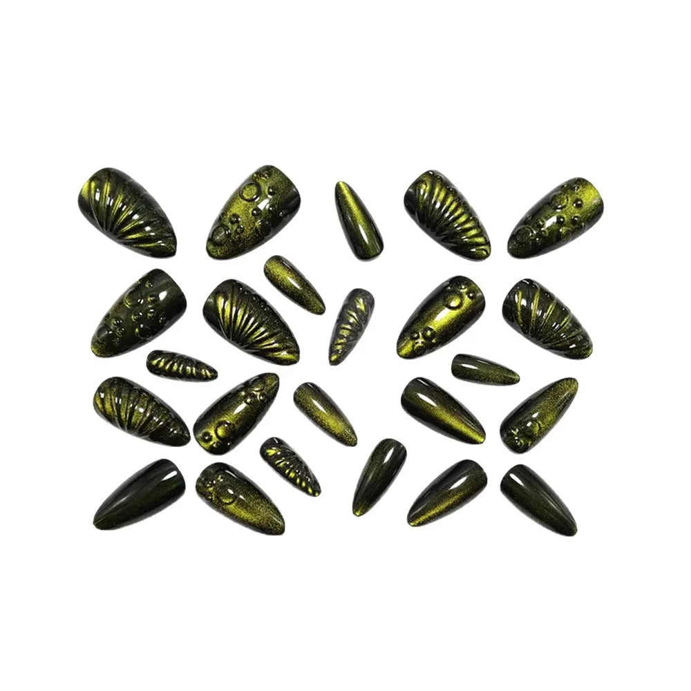 Dark Green Cyan Cat Eye 3D Waterdrop Almond Press-On Nails – Medium