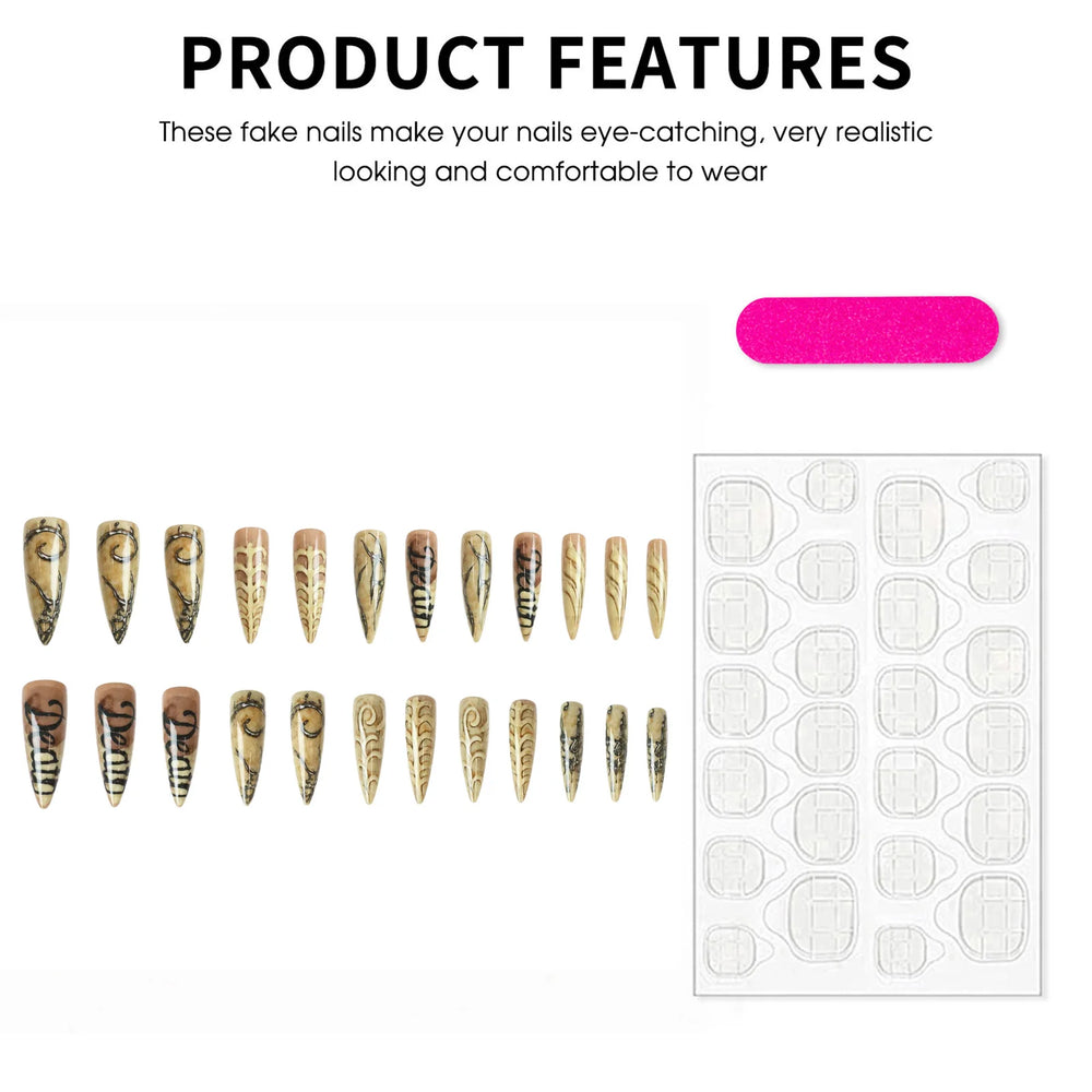 Skeleton Bone Texture Halloween Press-On Nails – Long Stiletto, 24 Pcs