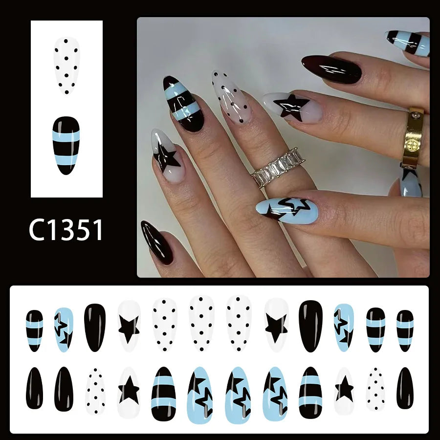 Blue & Black Stripe Star Polka Dot Press-On Nails – Almond, 24 Pcs