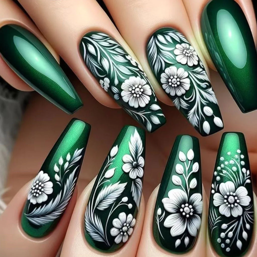 Medium long fake nails for women girls Glossy green cat eyes with white flowers, gradient purple pink flowers press on nail art