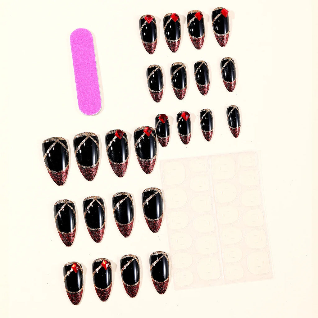 Medium Long Fake Nails for Women Girl Sparkling Glitter Red Nail Tips for New Year Party Almond Square Shape Press On False Nail