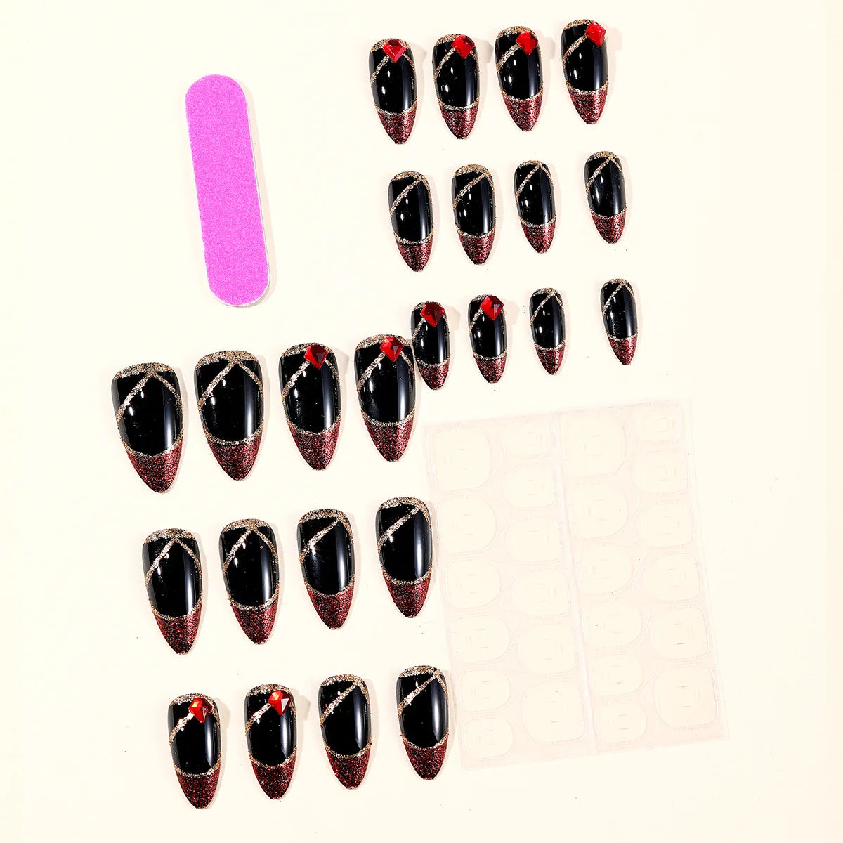Medium Long Fake Nails for Women Girl Sparkling Glitter Red Nail Tips for New Year Party Almond Square Shape Press On False Nail