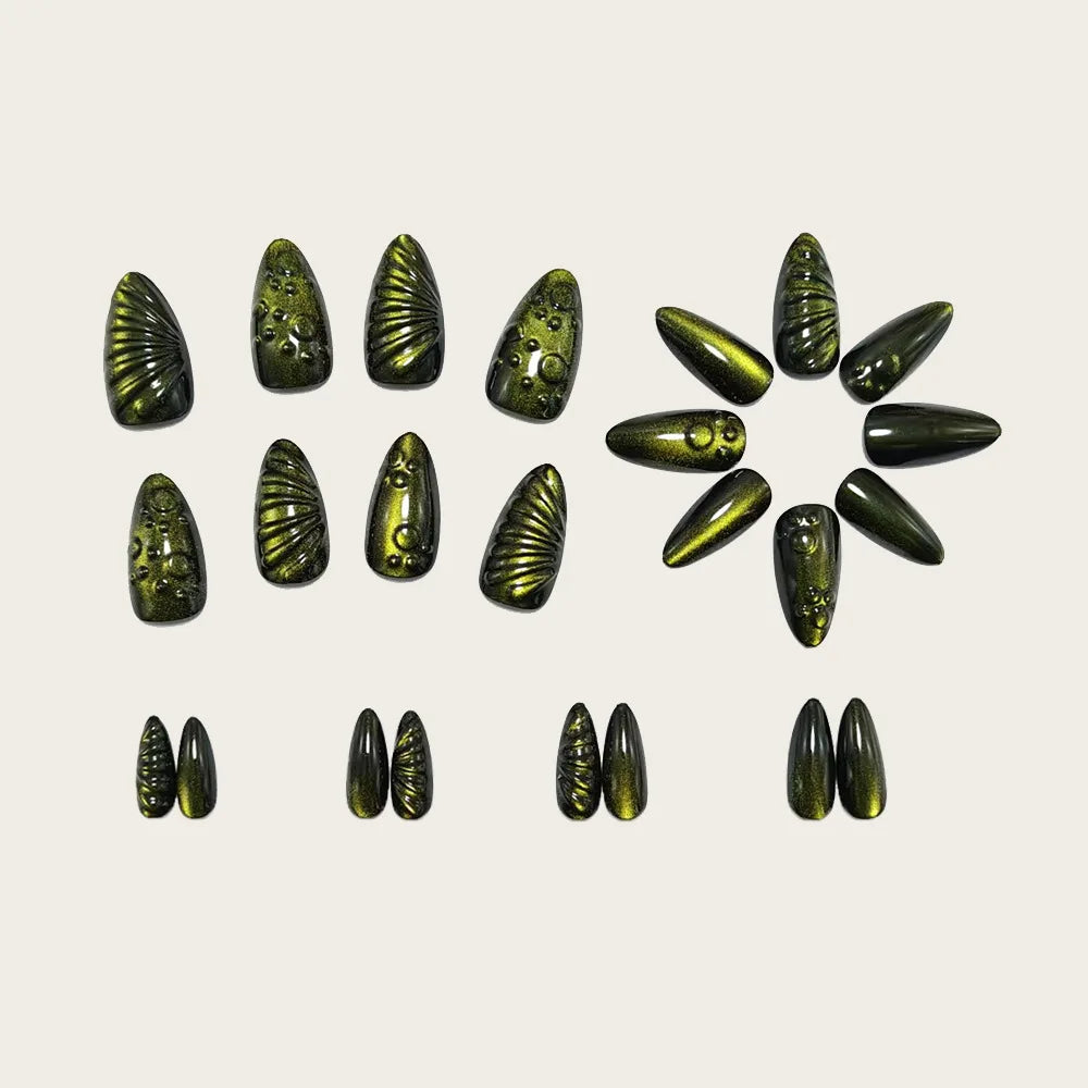 Medium Almond fake nails for women girls dark green cyan cat eyes 3D waterdrop design full cover press on acrylic false nail art