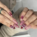 24pcs/set Medium fake nails for women Nude red colors with flowers with rhinestones full cover reusable press on false nail