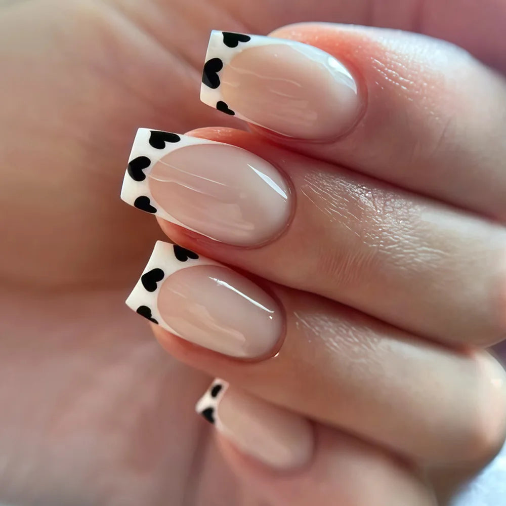 Medium square fake nails for women girls cute black red heart design for Valentine's Day french nail tips press on false nail