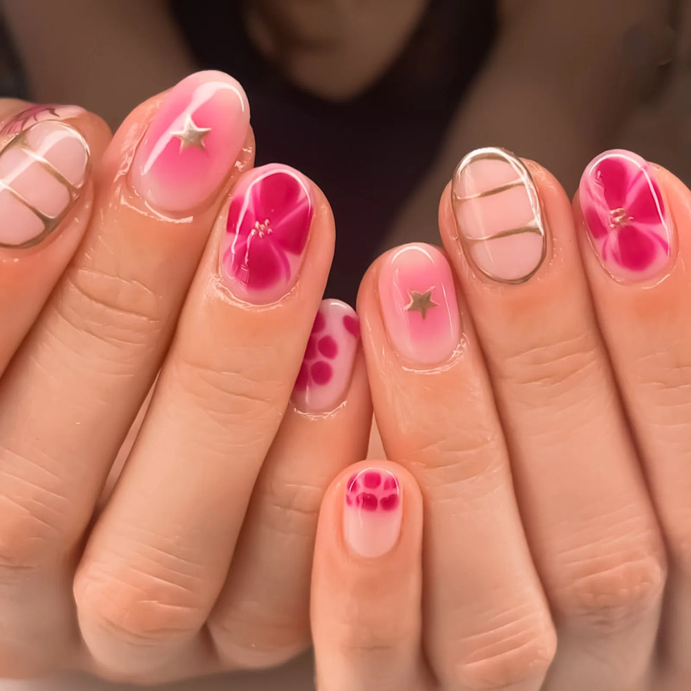 Sweet Pink Flower Gold Stripe Press-On Nails – Short Almond, 24 Pcs