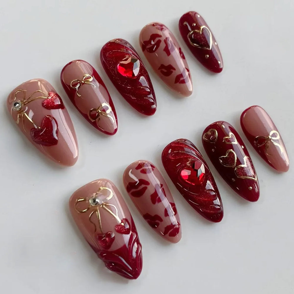 3D Green Ripple Cat-Eye French Almond Press-On Nails – Leaf Pattern, 24 Pcs