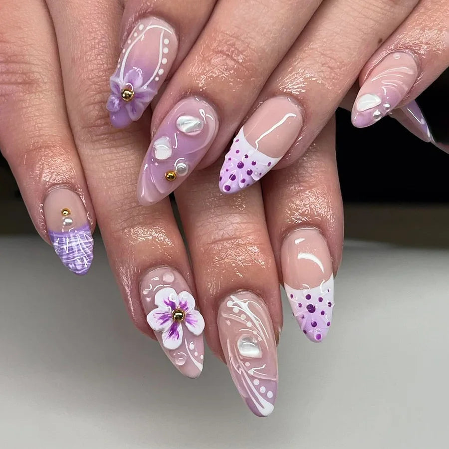 Leopard & Floral French Tip Press-On Nails – Almond, 24 Pcs