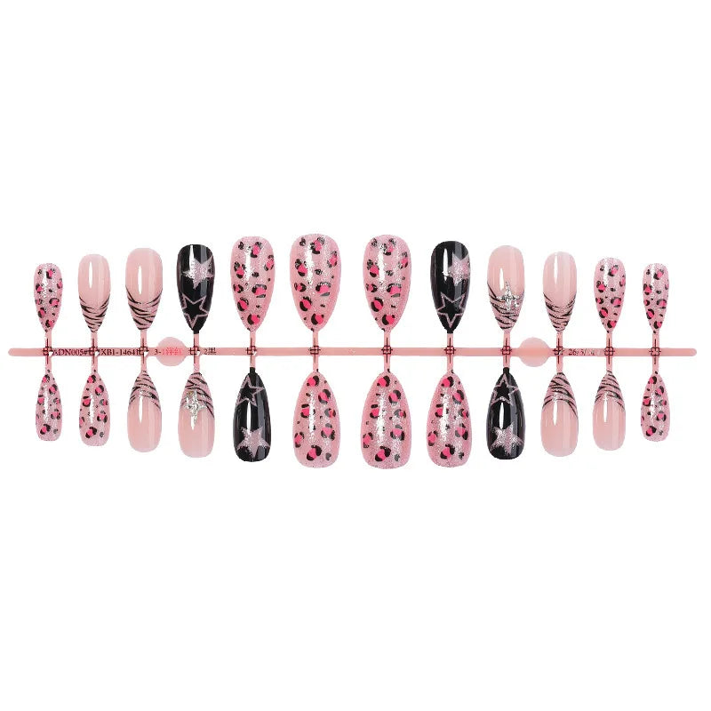 Medium fake nails for women pink leopard star printing with sparkling glitters Almond nail tips full cover press on false nail